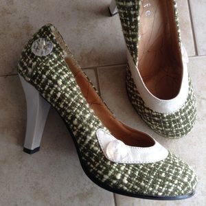 vintage style FEE'FE green tweed heels shoes 8 (B9